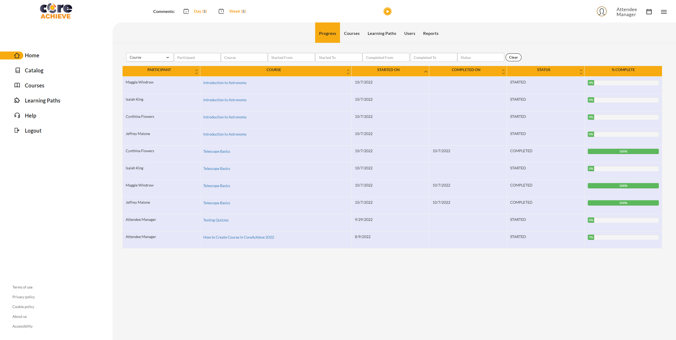 An image showing CoreAchieve LMS Attendee Manager homepage.