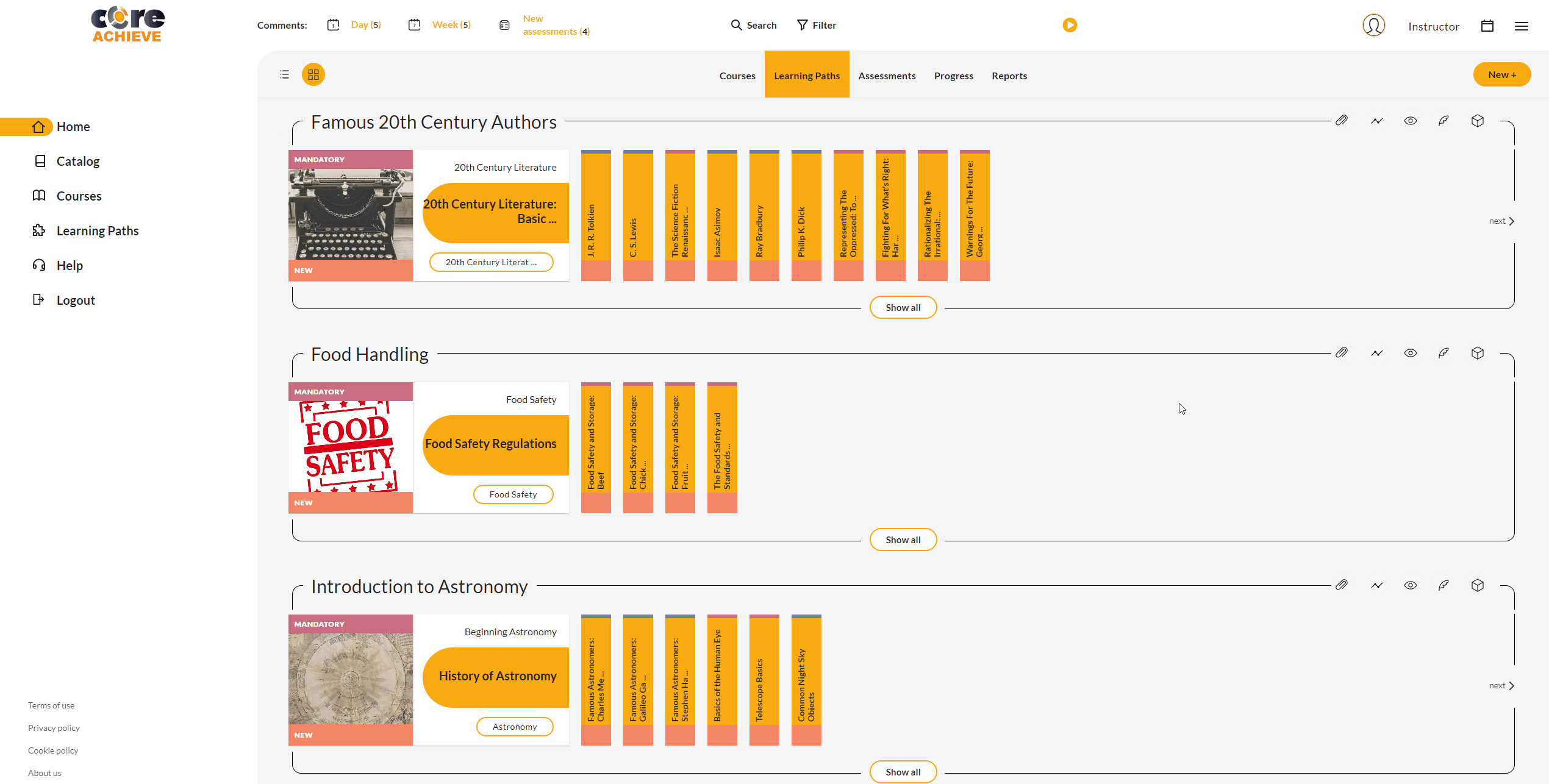 An animated GIF displaying CoreAchieve's Instructor role homepage.