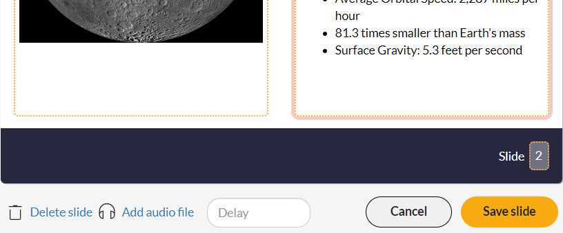 Image showing the delete, add audio file, delay, and save slide controls